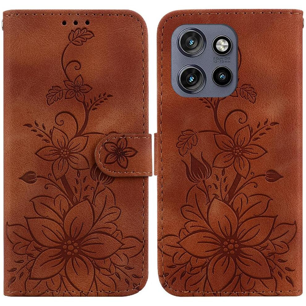 (Brown) Flip Case For Motorola Thinkphone 25 Card Holder Embossed Lily Wallet Kickstand Magnetic Brown 764563424580