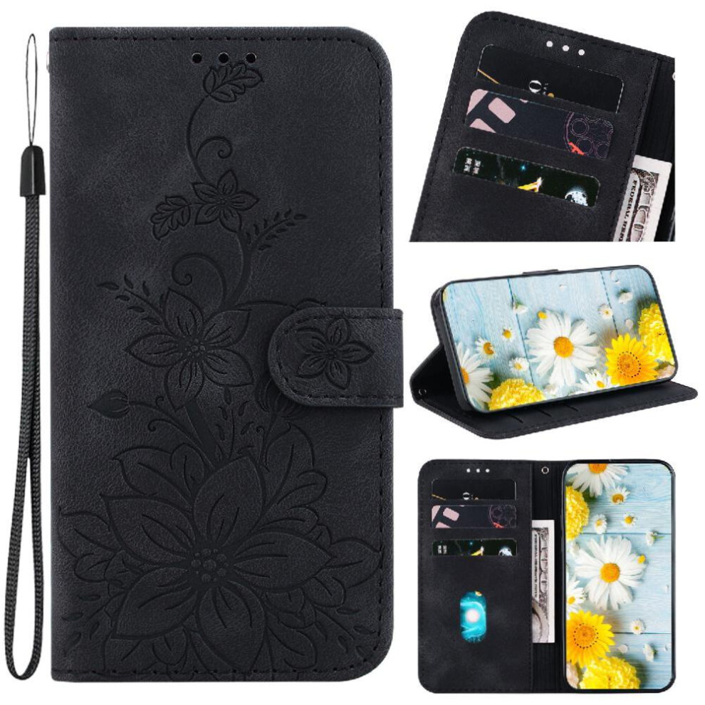 (Black) Flip Case For Motorola Thinkphone 25 Card Holder Embossed Lily Wallet Kickstand Magnetic Black 764563424627