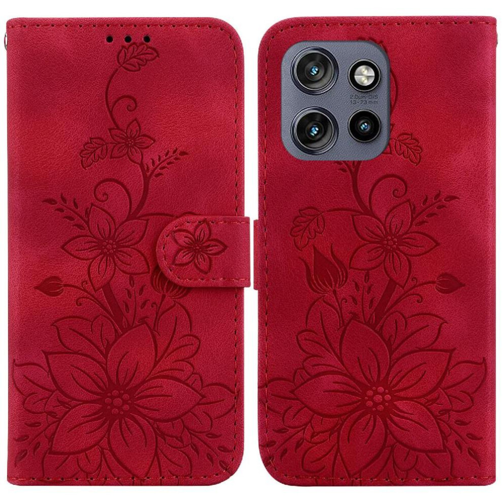 (Red) Flip Case For Motorola Thinkphone 25 Card Holder Embossed Lily Wallet Kickstand Magnetic Red 764563424610