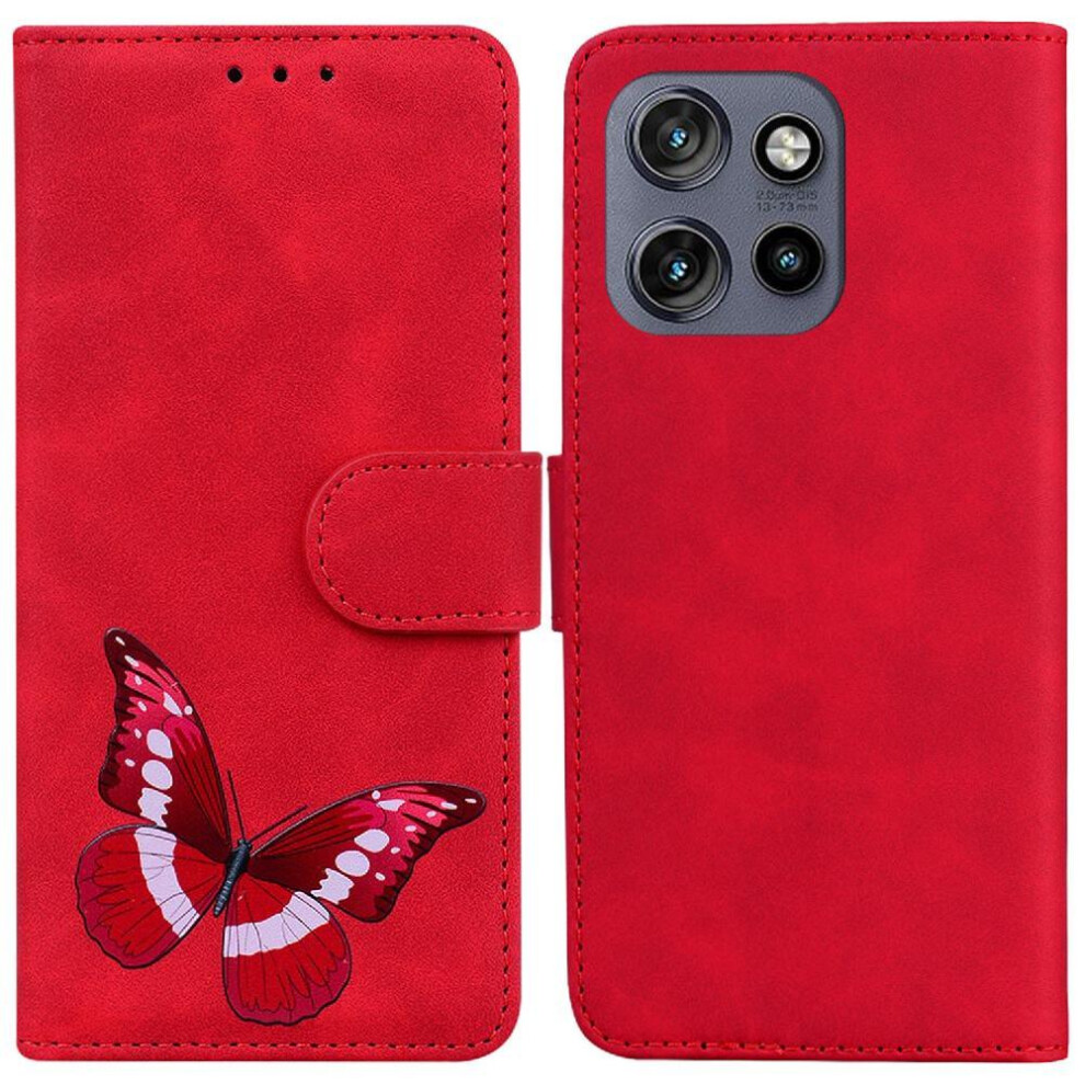 (Red) Flip Case For Motorola Moto S50 Wallet Butterfly Card Slots Color Printed Flip Folio Cover Red 764563424702