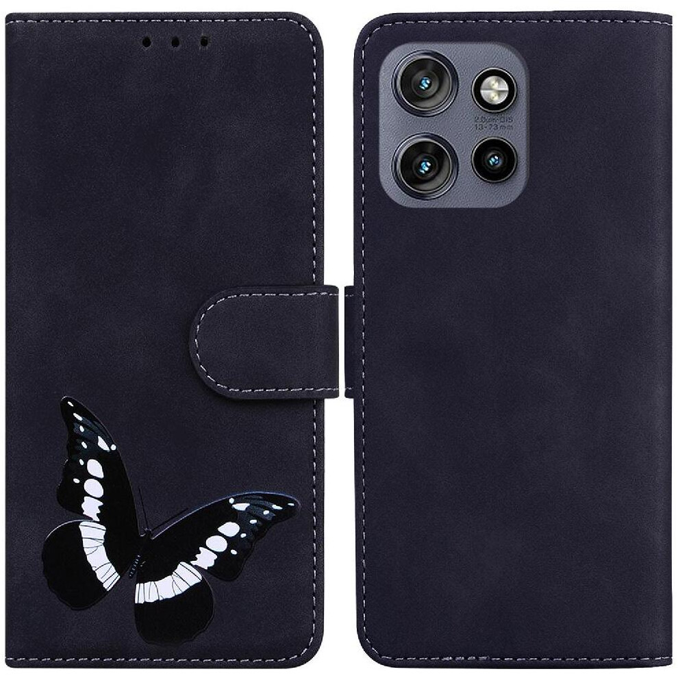 (Black) Flip Case For Motorola Moto S50 Wallet Butterfly Card Slots Color Printed Flip Folio Cover Black 764563424740