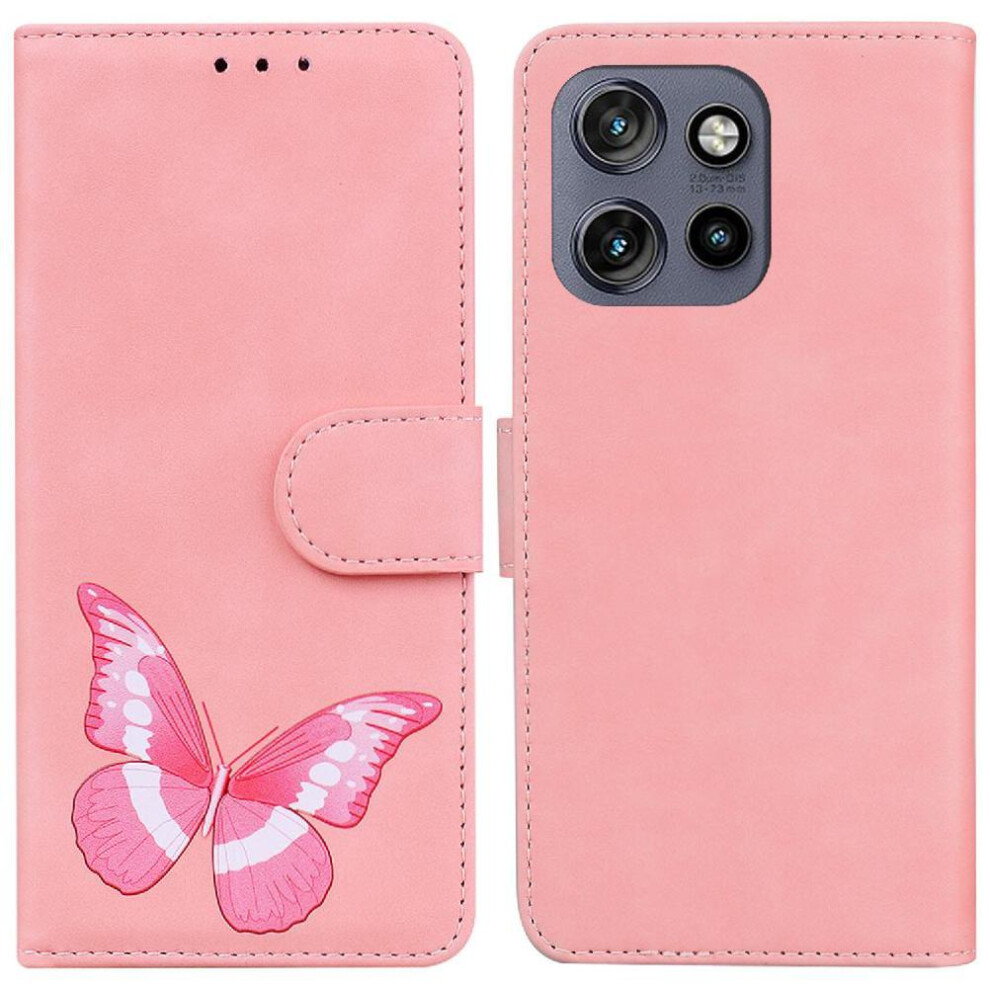 (Pink) Flip Case For Motorola Moto S50 Wallet Butterfly Card Slots Color Printed Flip Folio Cover Pink 764563424726
