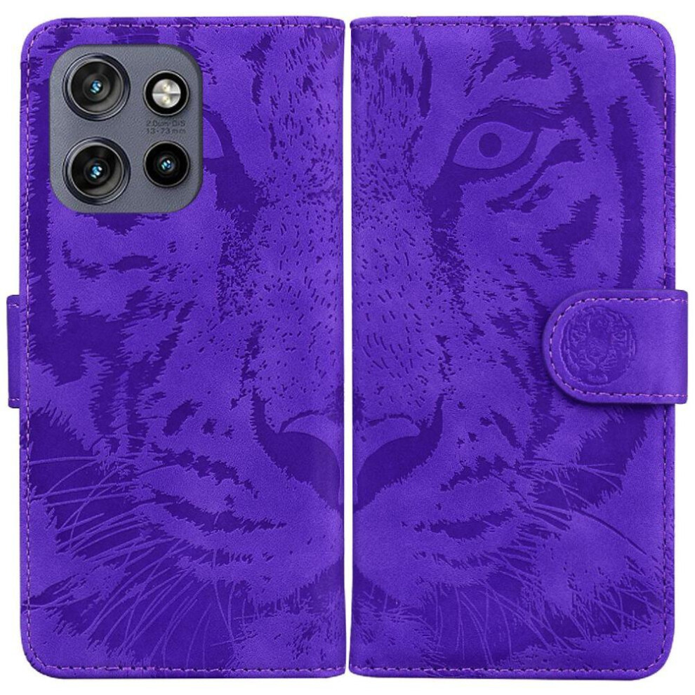 (Purple) Flip Case For Motorola Moto S50 Embossed Cute Tiger Kickstand Protective Leather Wallet Purple 764563424788