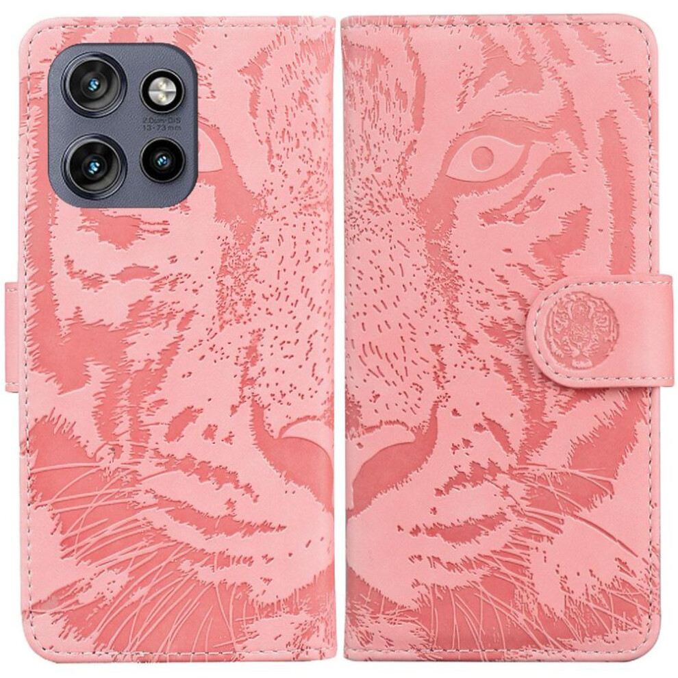 (Pink) Flip Case For Motorola Moto S50 Embossed Cute Tiger Kickstand Protective Leather Wallet Pink 764563424801