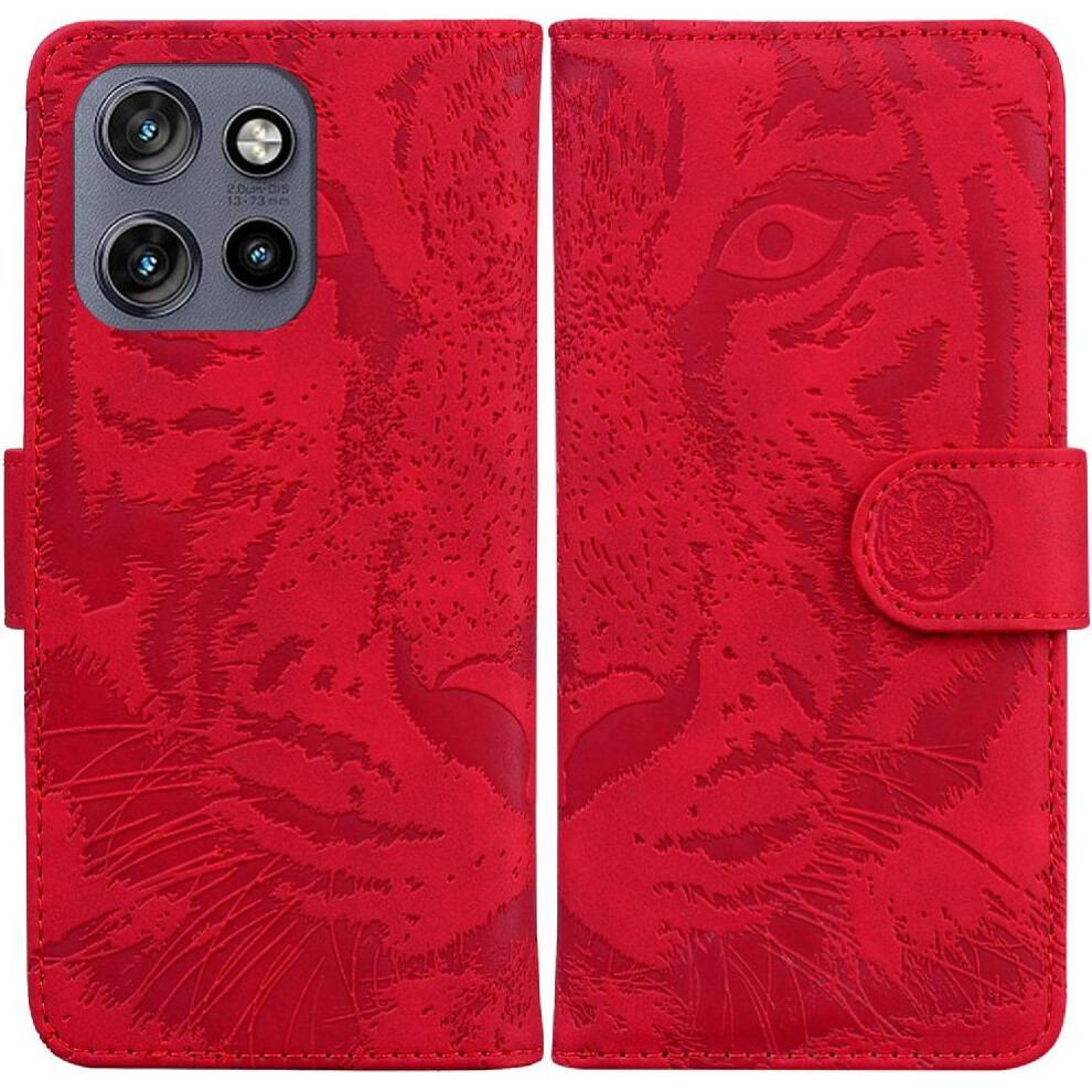 (Red) Flip Case For Motorola Moto S50 Embossed Cute Tiger Kickstand Protective Leather Wallet Red 764563424764