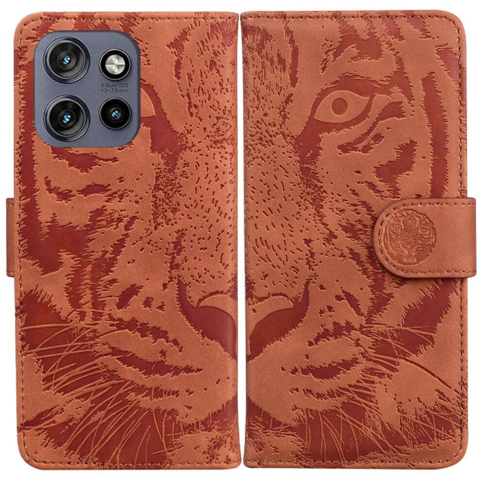(Brown) Flip Case For Motorola Moto S50 Embossed Cute Tiger Kickstand Protective Leather Wallet Brown 764563424795