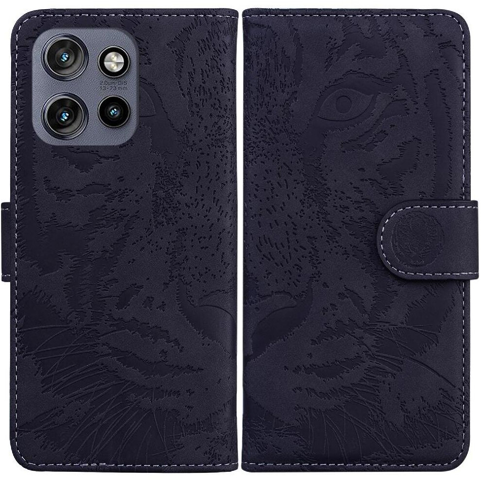 (Black) Flip Case For Motorola Moto S50 Embossed Cute Tiger Kickstand Protective Leather Wallet Black 764563424757