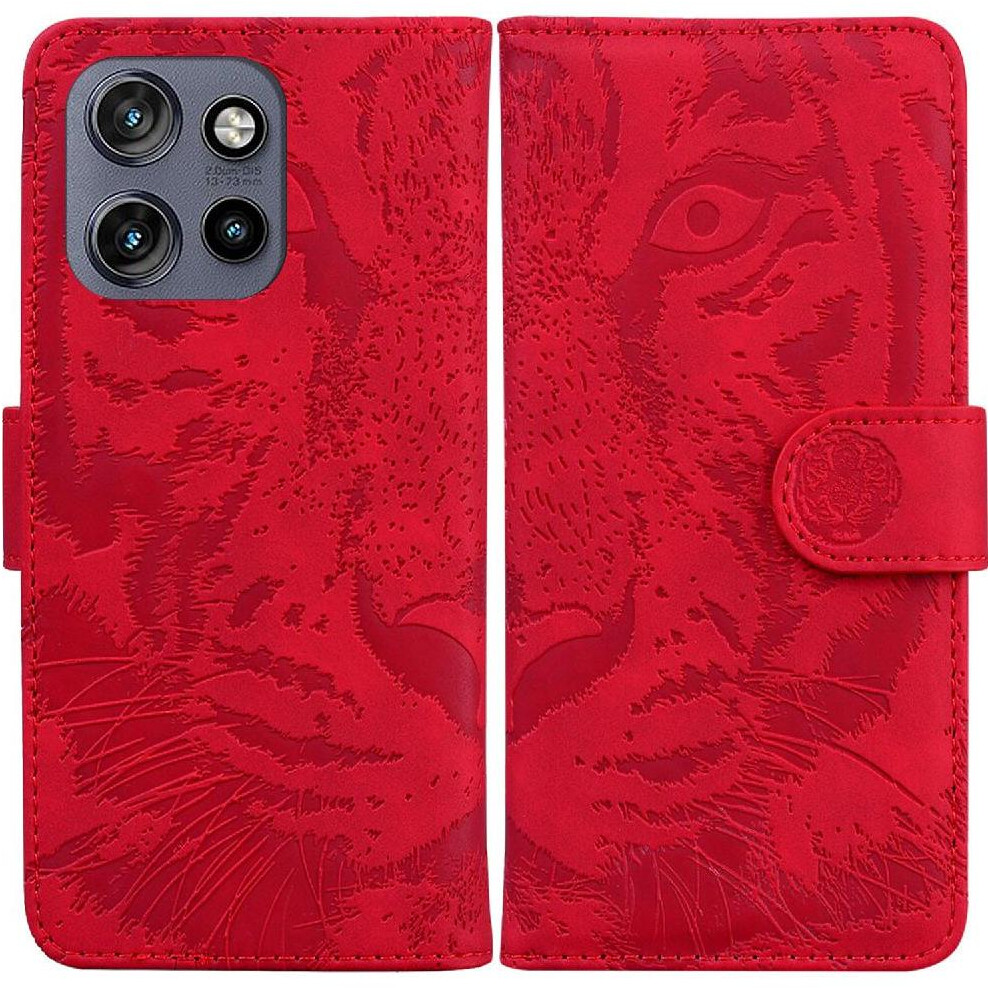 (Red) Flip Case For Motorola Thinkphone 25 Kickstand Protective Embossed Cute Tiger Leather Wallet Red 764563424825