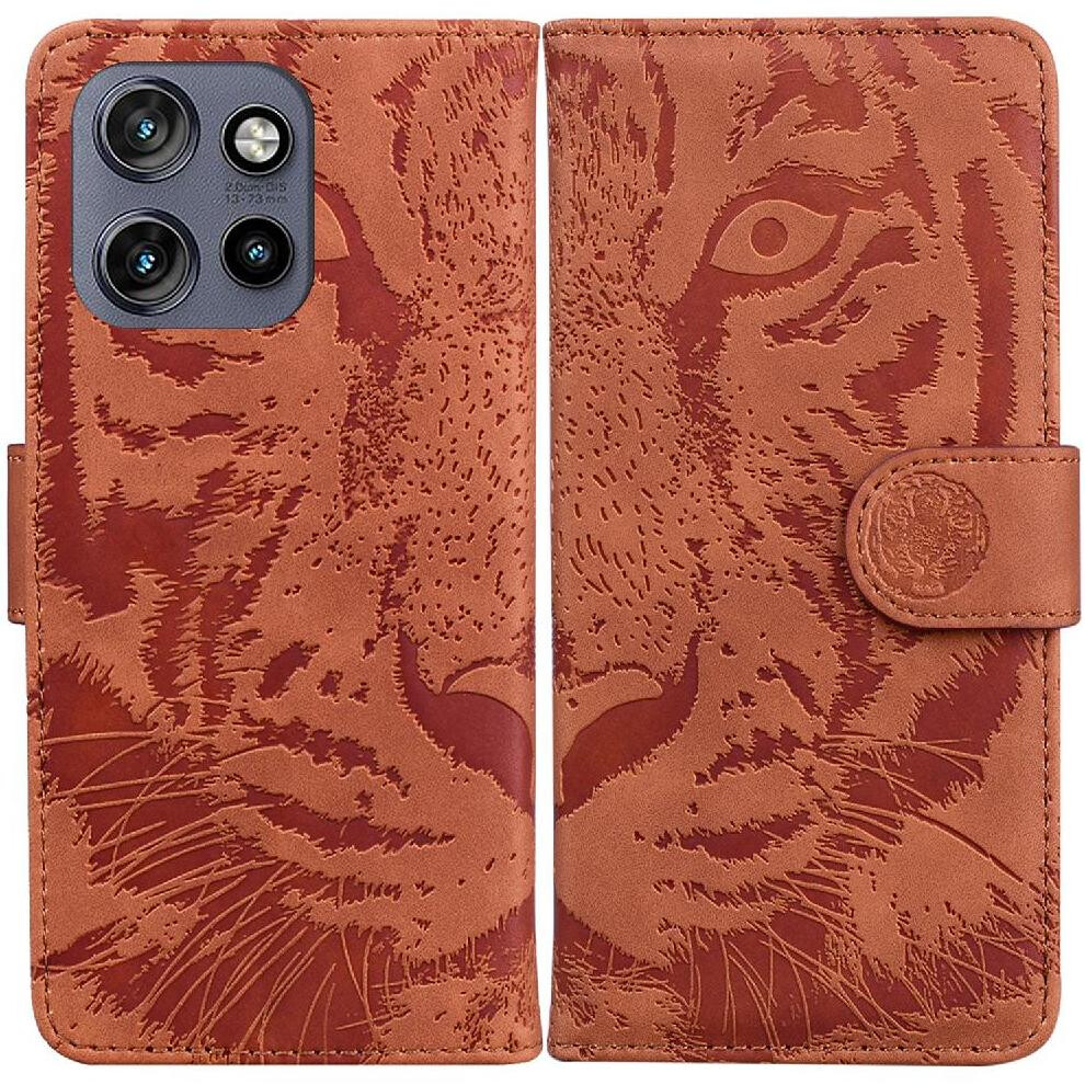 (Brown) Flip Case For Motorola Thinkphone 25 Kickstand Protective Embossed Cute Tiger Leather Wallet Brown 764563424856
