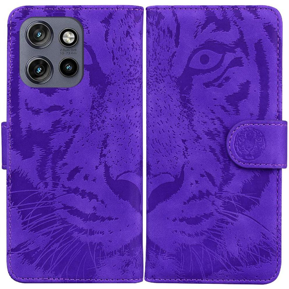 (Purple) Flip Case For Motorola Thinkphone 25 Kickstand Protective Embossed Cute Tiger Leather Wallet Purple 764563424849