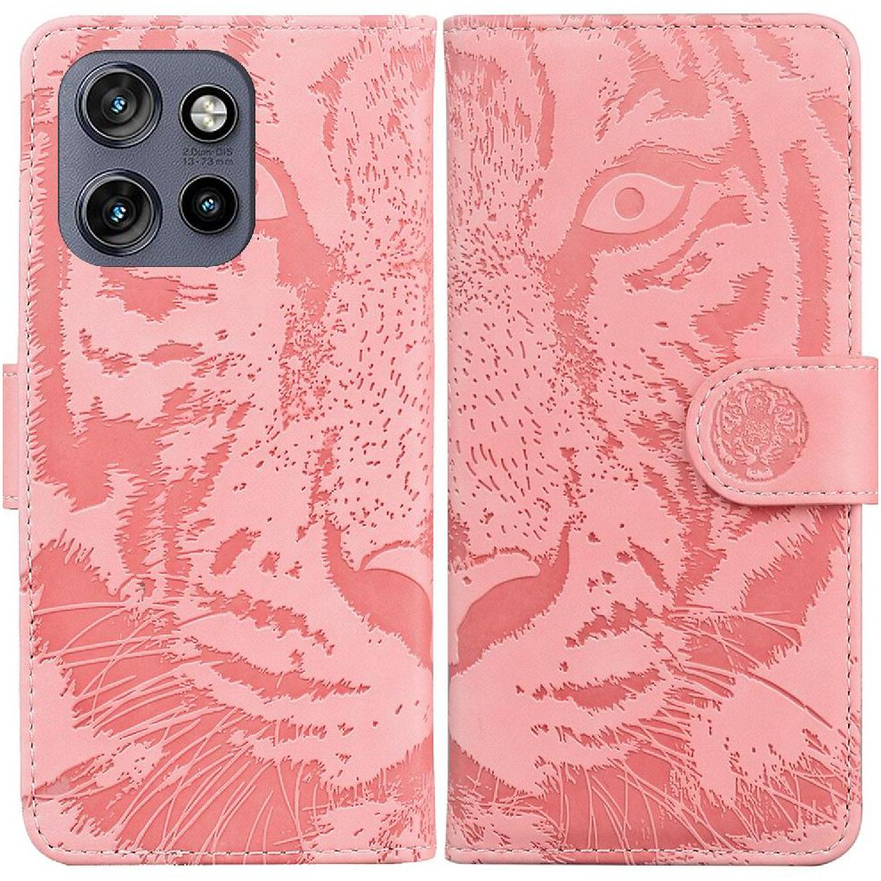 (Pink) Flip Case For Motorola Thinkphone 25 Kickstand Protective Embossed Cute Tiger Leather Wallet Pink 764563424863