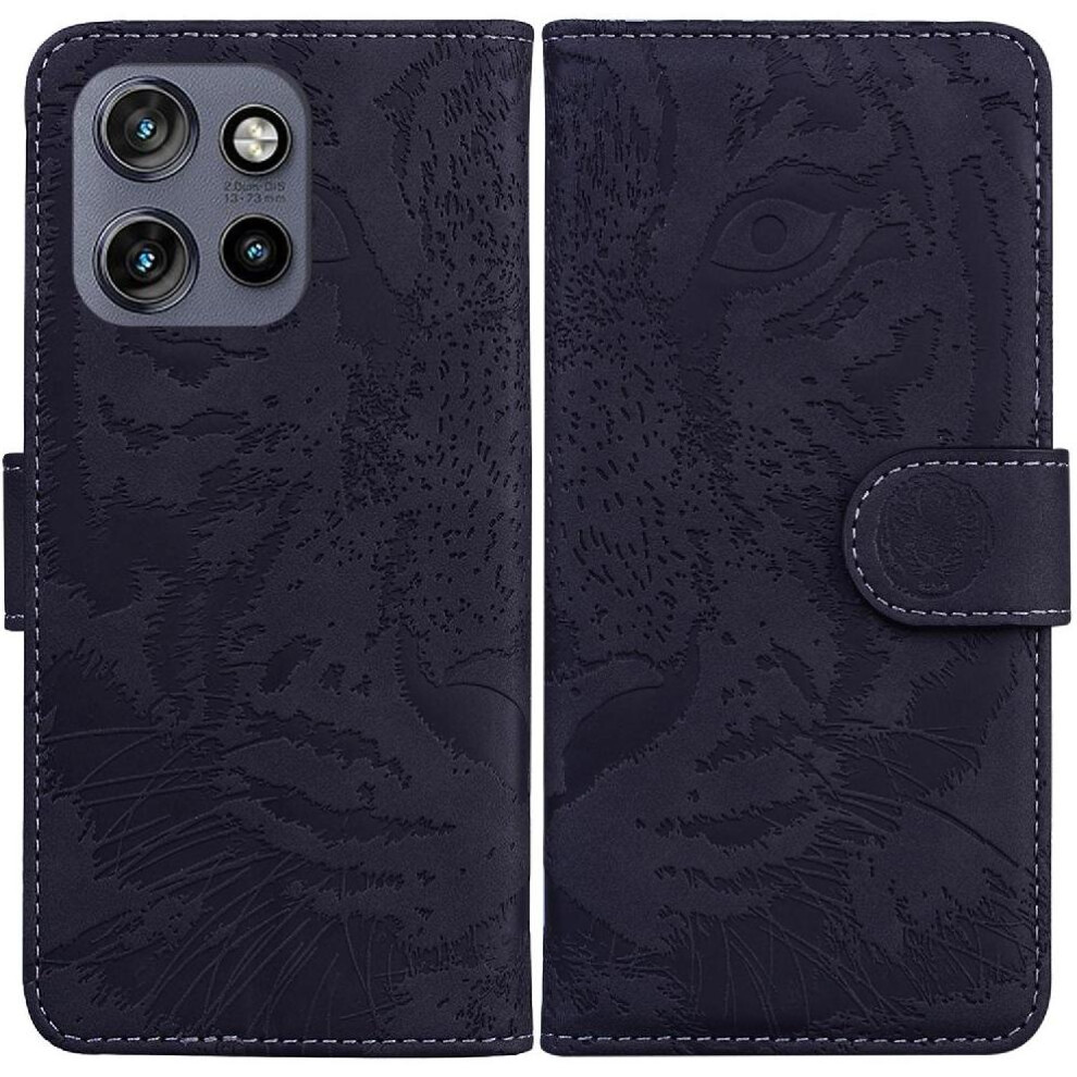 (Black) Flip Case For Motorola Thinkphone 25 Kickstand Protective Embossed Cute Tiger Leather Wallet Black 764563424818