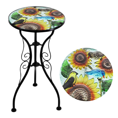(Sunflower) GEEZY Mosaic Iron/Glass Round Coffee Table Garden Patio Elegant Plant Stand