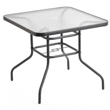 80cm Square Tempered Glass Patio Table Black Metal Parasol Hole Garden Furniture