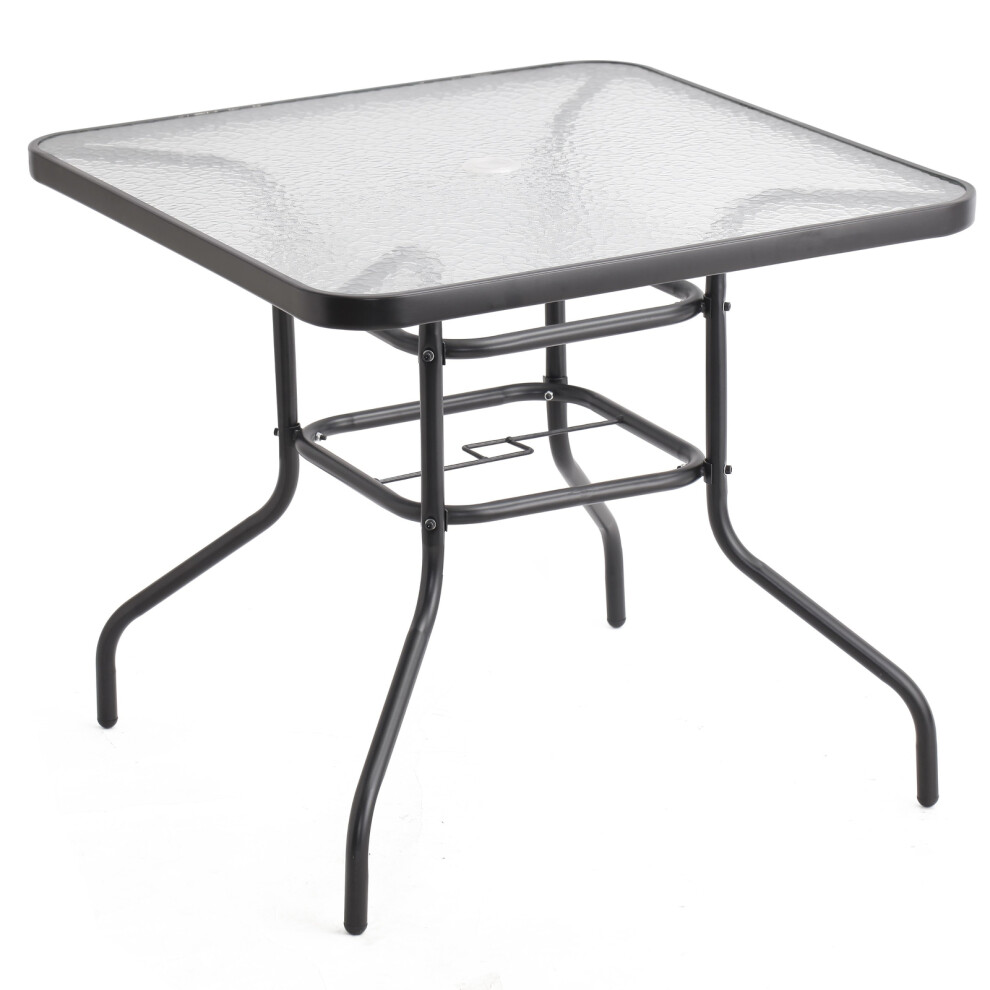 80cm Square Tempered Glass Patio Table Black Metal Parasol Hole Garden Furniture