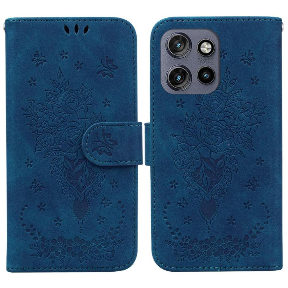 (Blue) Flip Case For Motorola Moto S50 Kickstand Pu Leather Cover Emboss Rose Flowers Wallet Case Card Slots Blue 764563425563