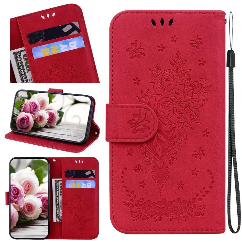 (Red) Flip Case For Motorola Moto S50 Kickstand Pu Leather Cover Emboss Rose Flowers Wallet Case Card Slots Red 764563425594