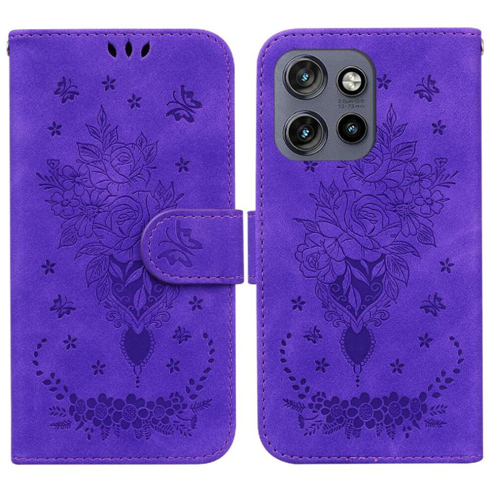 (Purple) Flip Case For Motorola Moto S50 Kickstand Pu Leather Cover Emboss Rose Flowers Wallet Case Card Slots Purple 764563425587