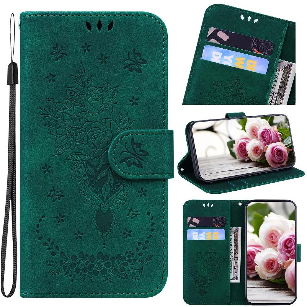 (Green) Flip Case For Motorola Moto S50 Kickstand Pu Leather Cover Emboss Rose Flowers Wallet Case Card Slots Green 764563425570