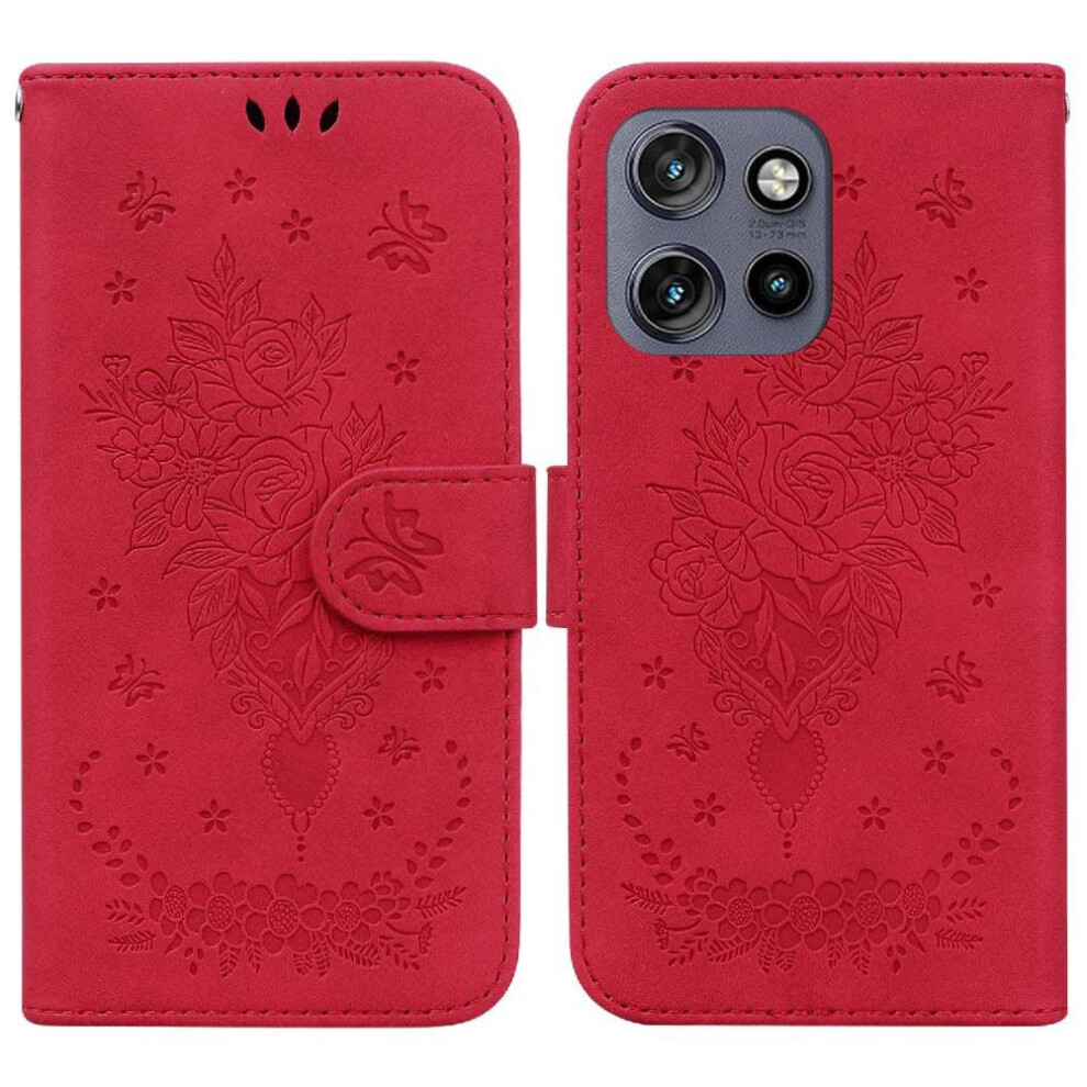 (Red) Flip Case For Motorola Thinkphone 25 Card Slots Emboss Rose Flowers Kickstand Wallet Case Pu Leather Cover Red 764563425648
