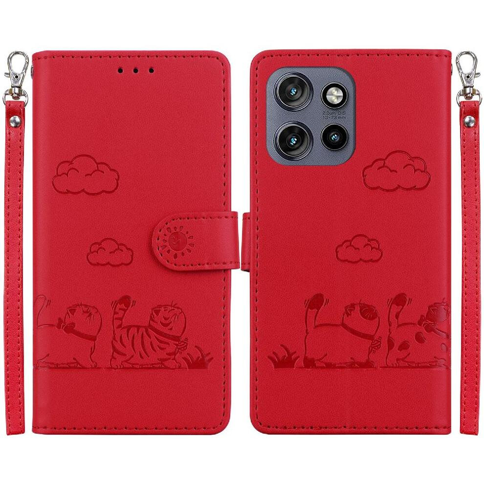 (Red) Flip Case For Motorola Thinkphone 25 Leather Wallet Cat Rfid Card Slot Holder Kickstand Red 764563425754