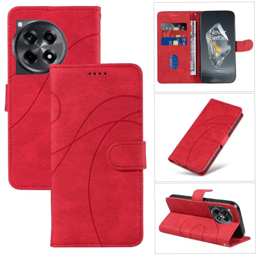 (Red) Flip Case For Oneplus 12R Curved Pressure Line Card Slots And Kickstand Function Skin Feel Leather And Frosted Tpu Red 764563427048