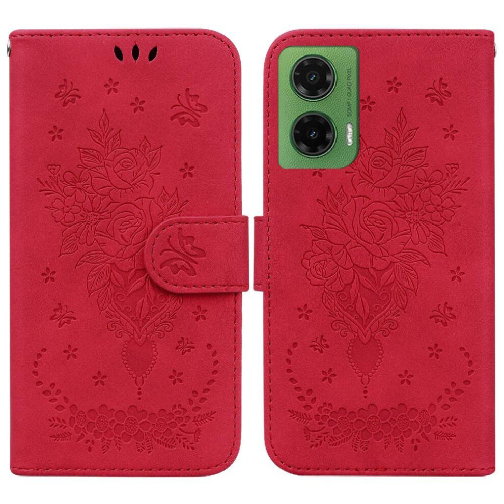 (Red) Flip Case For Motorola Moto G35 Pu Leather Cover Wallet Case Card Slots Kickstand Emboss Rose Flowers Red 764563427154