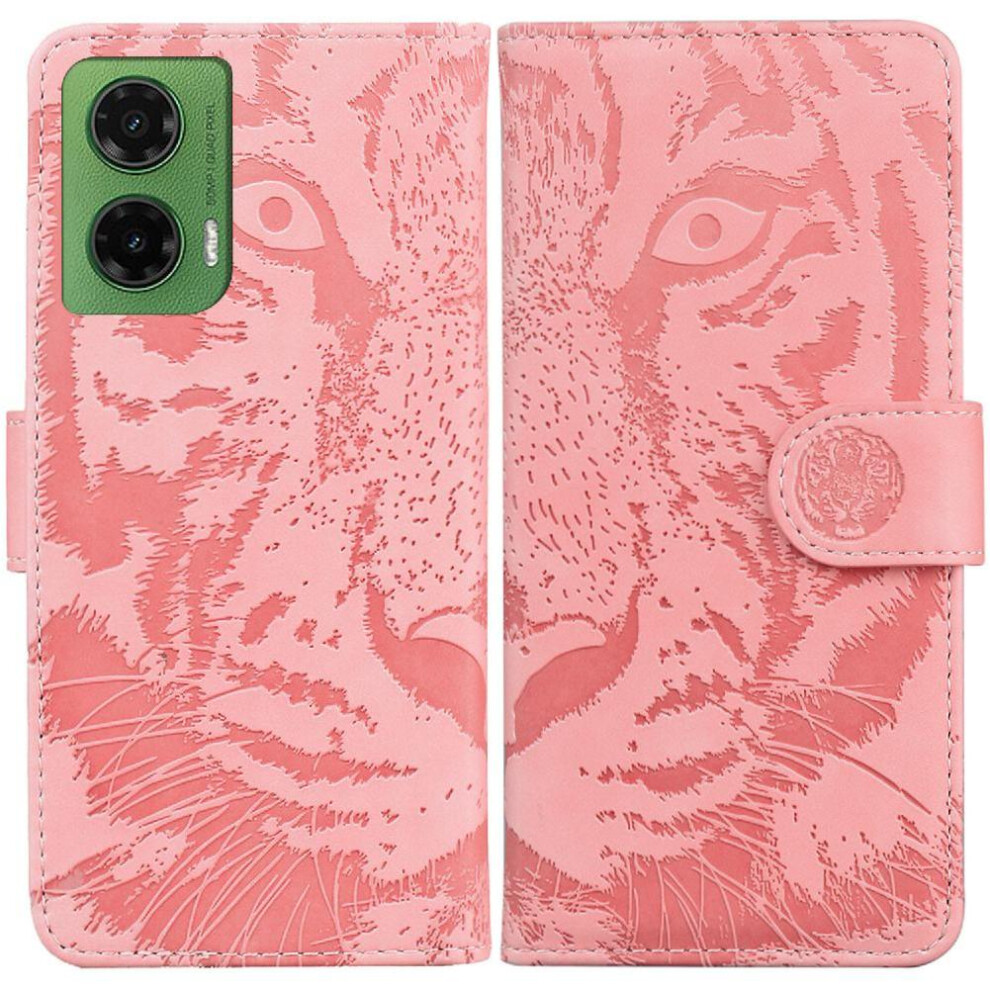 (Pink) Flip Case For Motorola Moto G35 Kickstand Protective Leather Wallet Embossed Cute Tiger Pink 764563427390