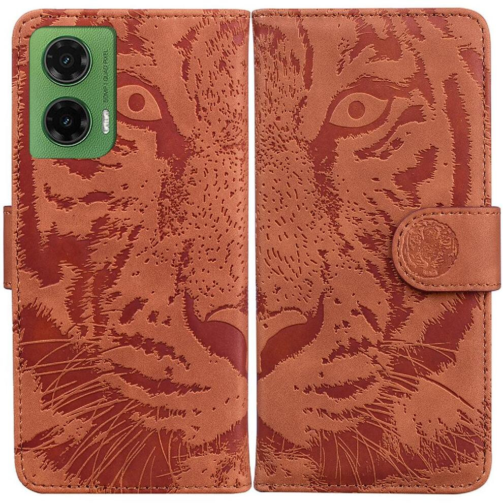 (Brown) Flip Case For Motorola Moto G35 Kickstand Protective Leather Wallet Embossed Cute Tiger Brown 764563427383