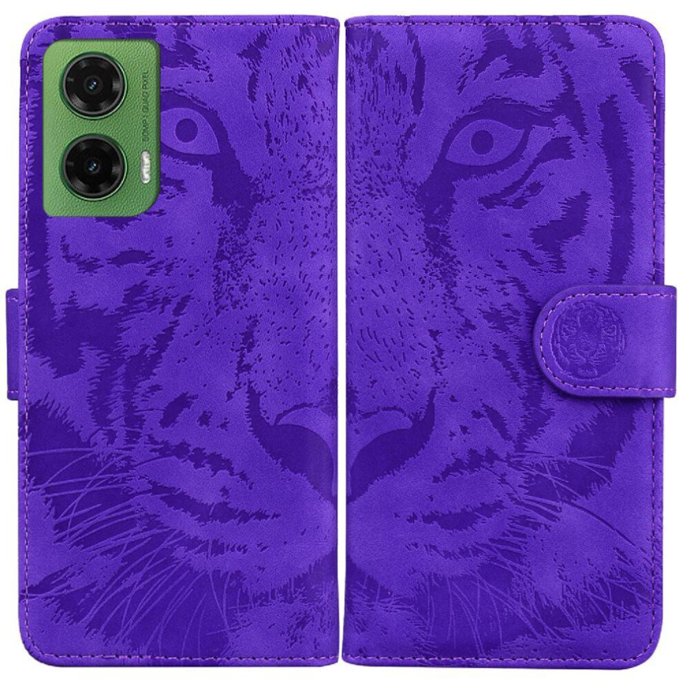 (Purple) Flip Case For Motorola Moto G35 Kickstand Protective Leather Wallet Embossed Cute Tiger Purple 764563427376