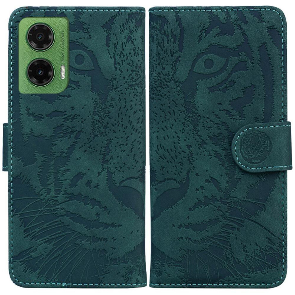 (Green) Flip Case For Motorola Moto G35 Kickstand Protective Leather Wallet Embossed Cute Tiger Green 764563427369