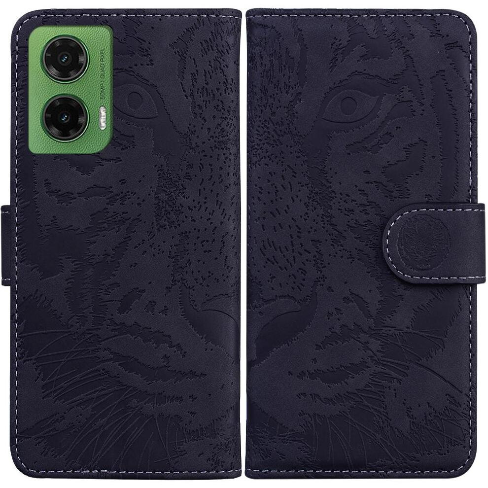 (Black) Flip Case For Motorola Moto G35 Kickstand Protective Leather Wallet Embossed Cute Tiger Black 764563427345