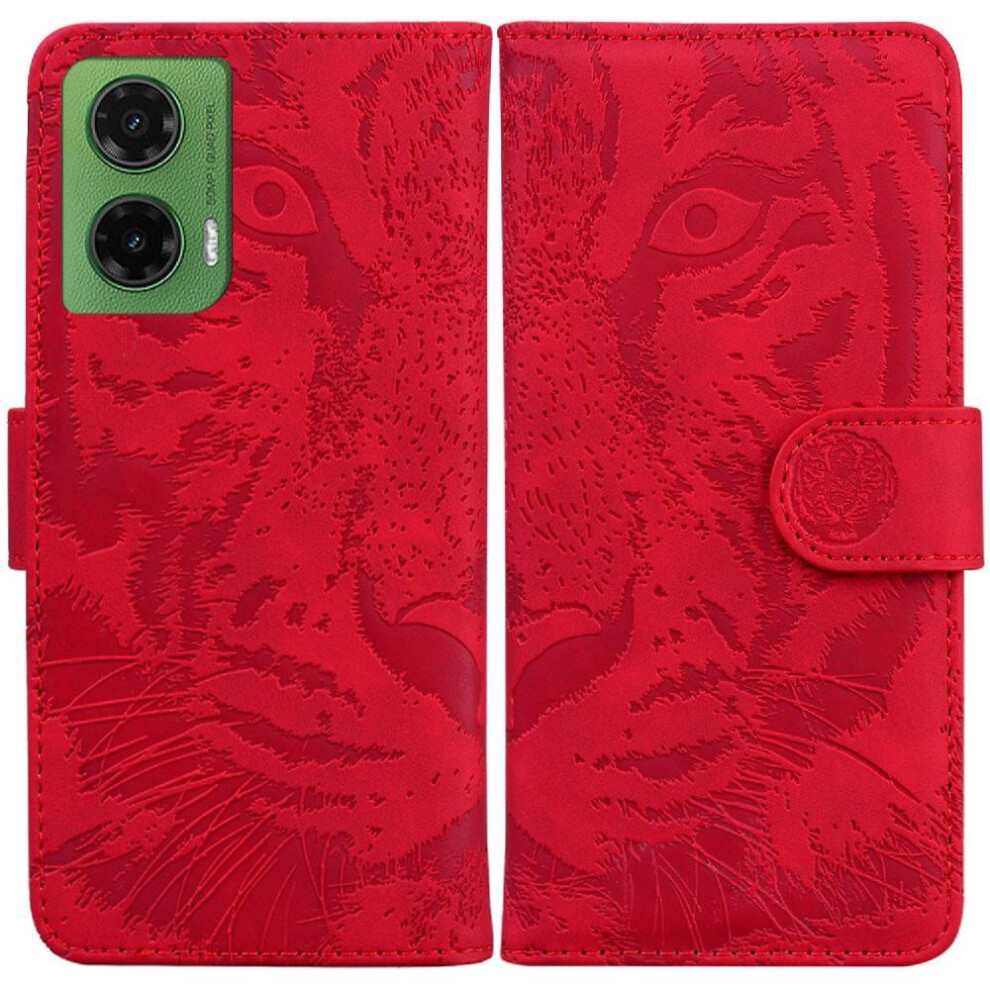 (Red) Flip Case For Motorola Moto G35 Kickstand Protective Leather Wallet Embossed Cute Tiger Red 764563427352