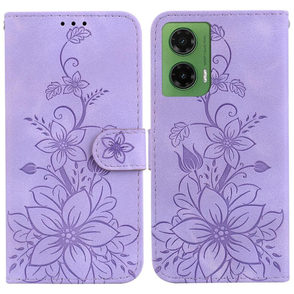 (Purple) Flip Case For Motorola Moto G35 Card Holder Wallet Magnetic Kickstand Embossed Lily Purple 764563427819