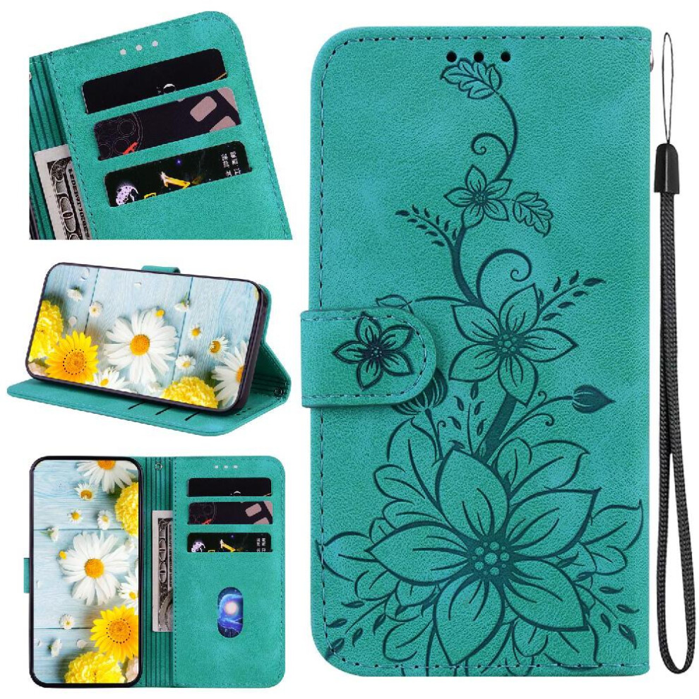 (Green) Flip Case For Motorola Moto G35 Card Holder Wallet Magnetic Kickstand Embossed Lily Green 764563427789