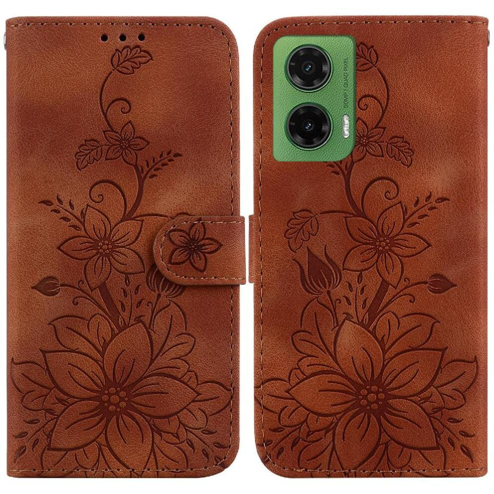 (Brown) Flip Case For Motorola Moto G35 Card Holder Wallet Magnetic Kickstand Embossed Lily Brown 764563427796