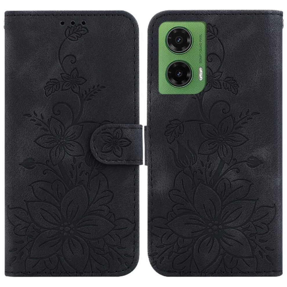 (Black) Flip Case For Motorola Moto G35 Card Holder Wallet Magnetic Kickstand Embossed Lily Black 764563427833