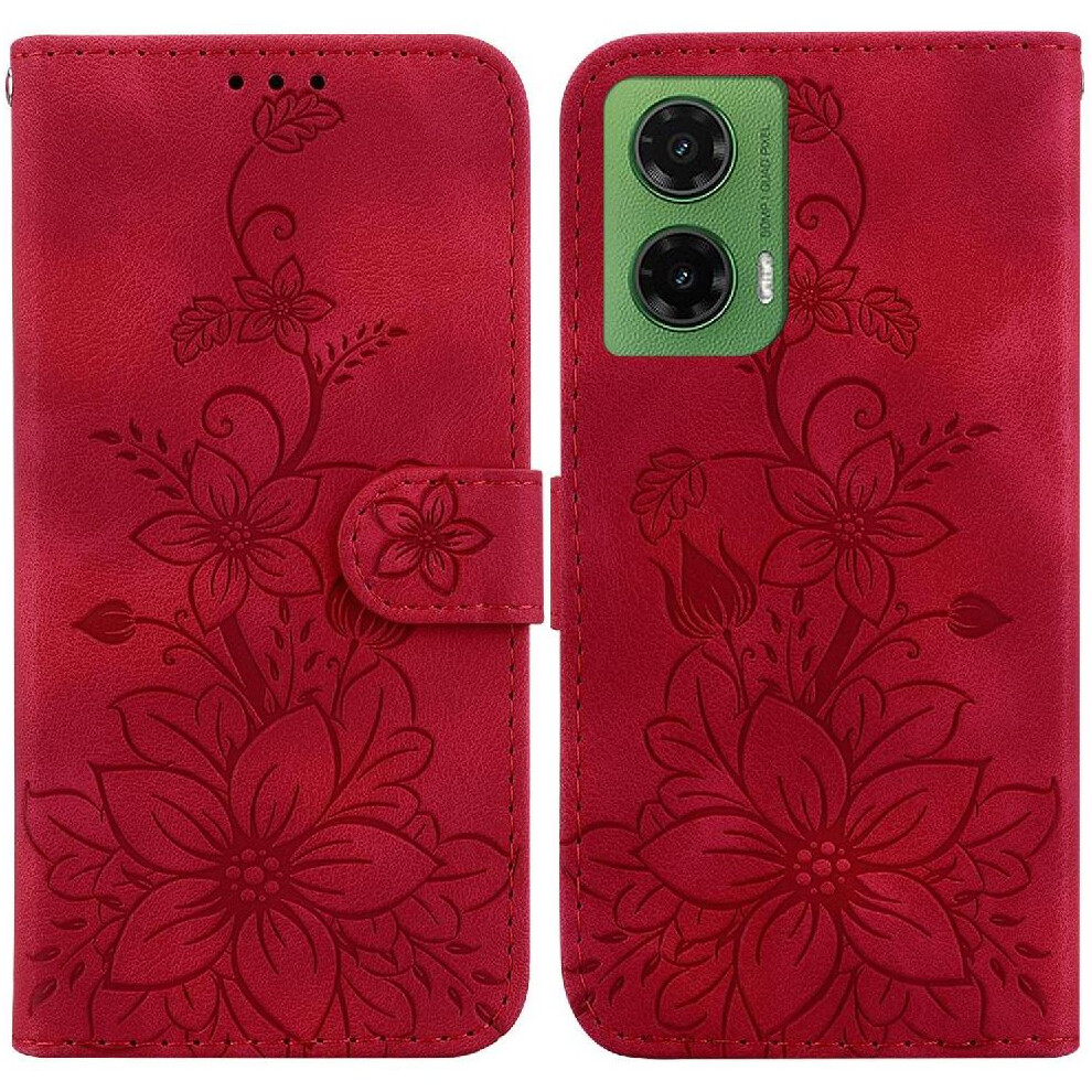 (Red) Flip Case For Motorola Moto G35 Card Holder Wallet Magnetic Kickstand Embossed Lily Red 764563427826
