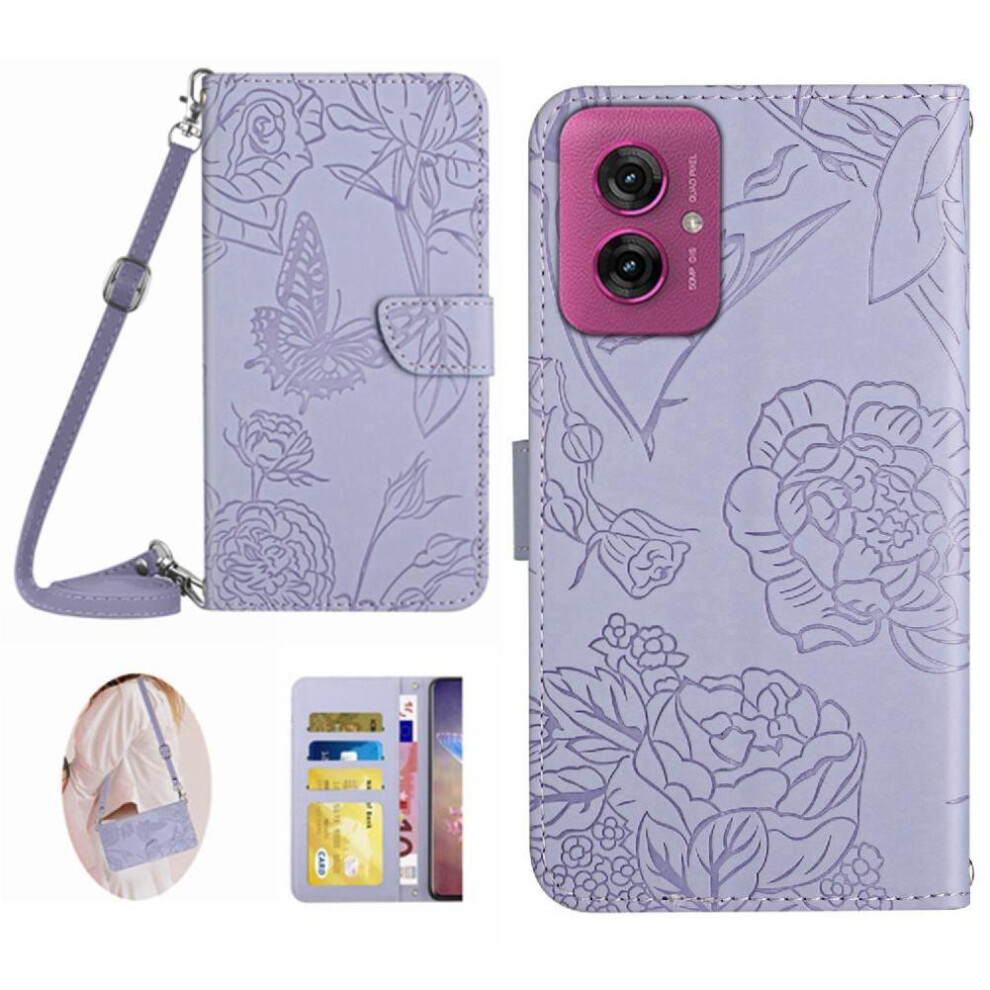 Photos - Case   for Motorola Moto G55 5g Leather Wallet Butterflies and Flowers with Card Holder & Long Strap Soft Pu Le(Light Violet)