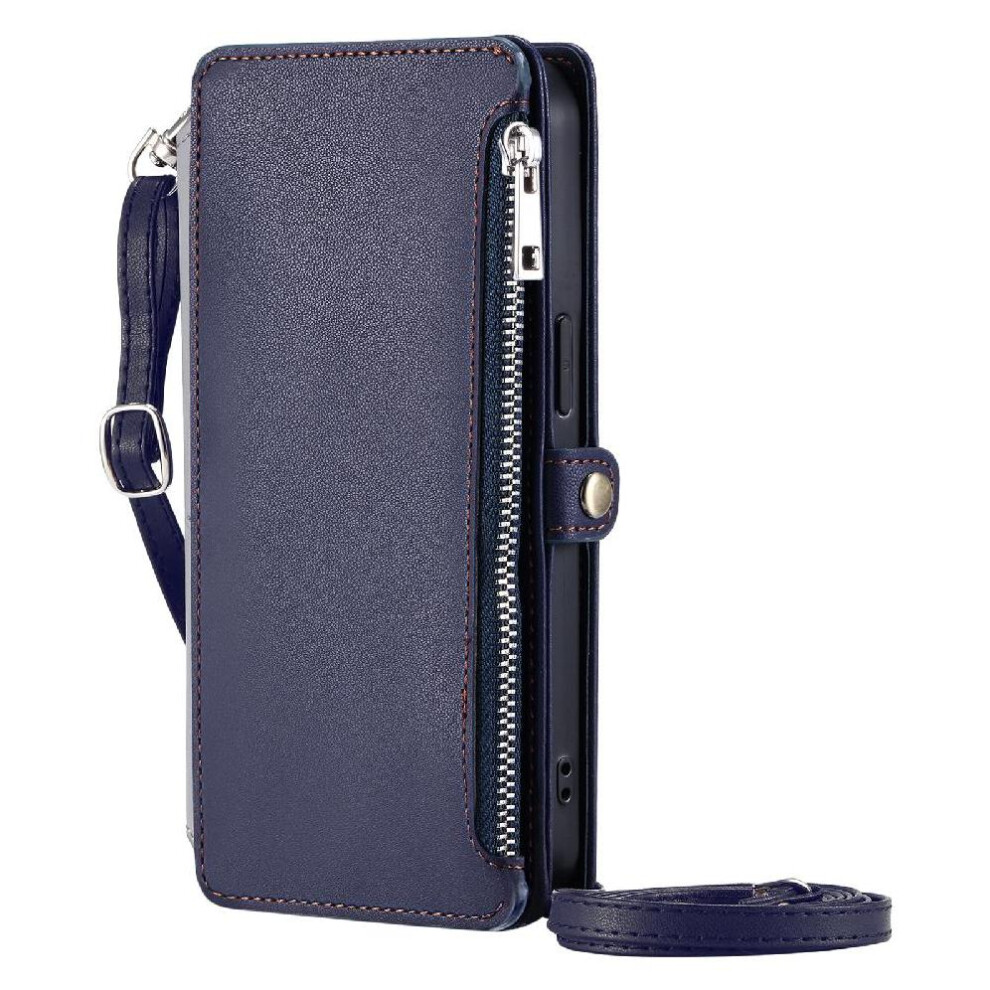 (Blue) Crossbody Case For Motorola Moto G55 5G Rfid Blocking Zipper Bills Slot 9 Card Slots Case Wallet Long Lanyard Blue 764563430529