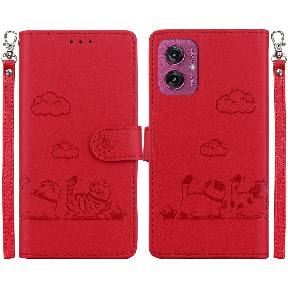 (Red) Flip Case For Motorola Moto G55 Card Slot Holder Kickstand Cat Rfid Leather Wallet Red 764563431922