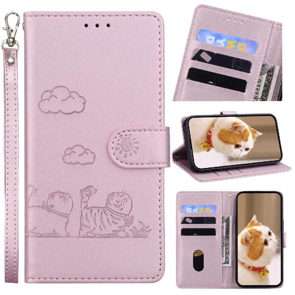 (Pink) Flip Case For Motorola Moto G55 Card Slot Holder Kickstand Cat Rfid Leather Wallet Pink 764563431892