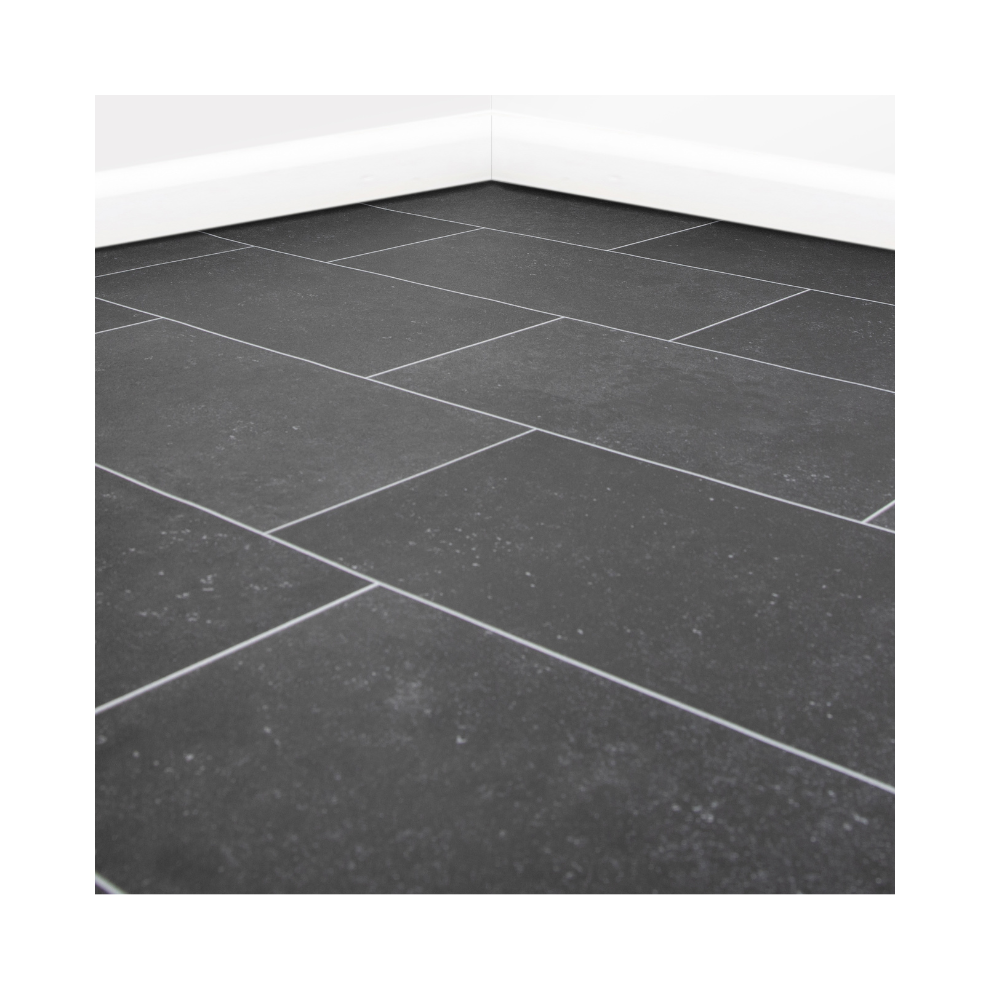 (4M, 3M) Black Tile Vinyl Lino Roll Flooring 2M & 4M Width 5056524031421