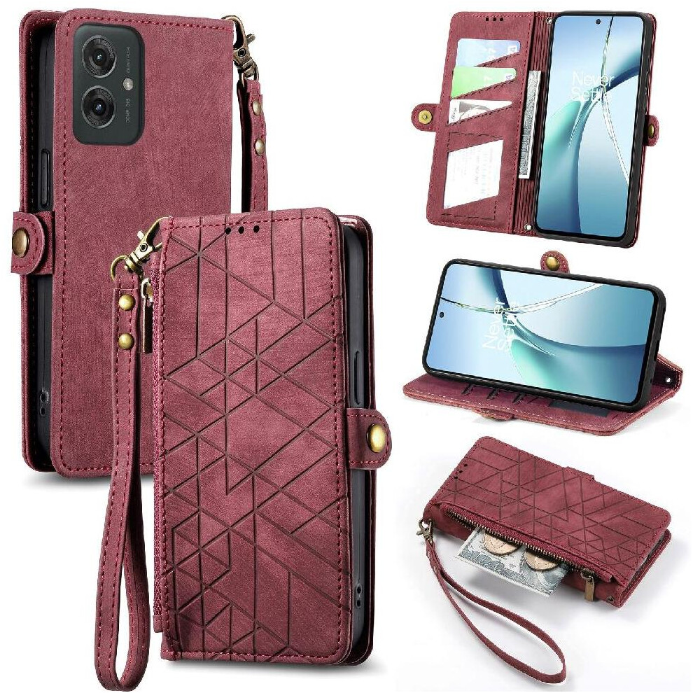 (Red) Flip Case For Motorola Moto G55 Wallet Flip Cover Shockproof Leather Case Simple Business Red 764563432387