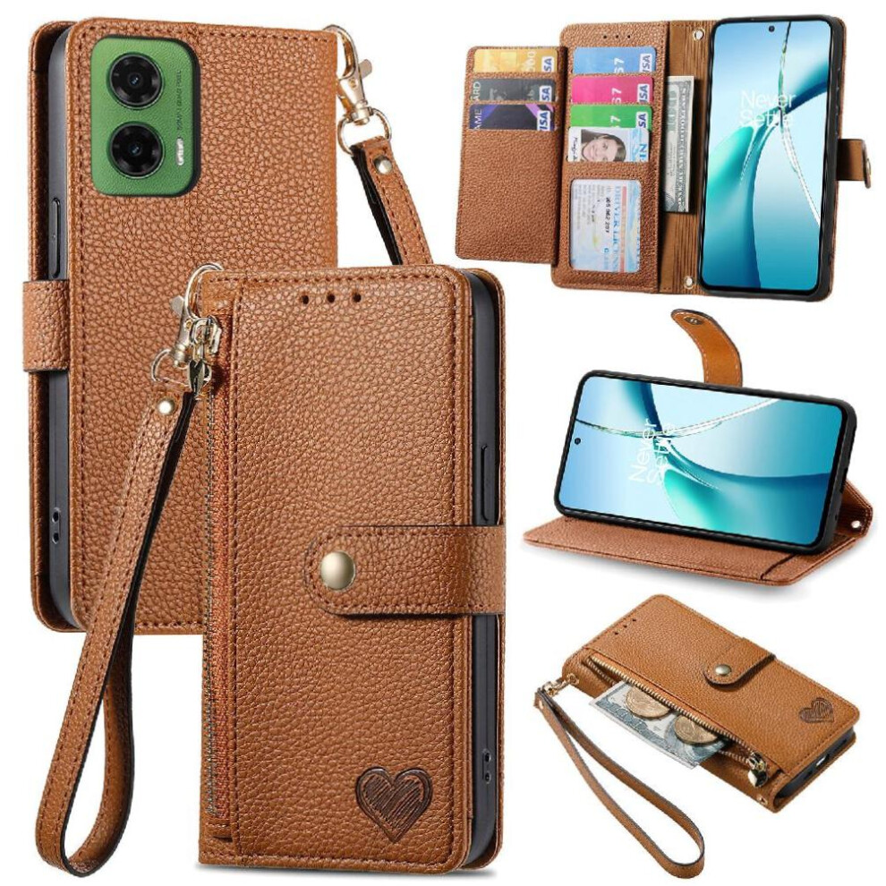(Brown) Flip Case For Motorola Moto G35 Love Shockproof Zipper Leather Case Wallet Brown 764563432516