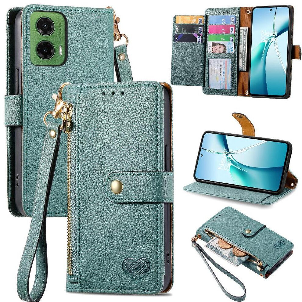 (Green) Flip Case For Motorola Moto G35 Love Shockproof Zipper Leather Case Wallet Green 764563432547