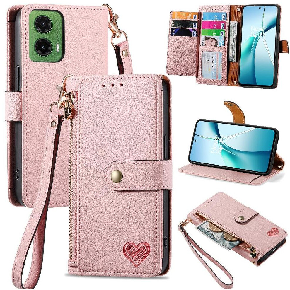 (Pink) Flip Case For Motorola Moto G35 Love Shockproof Zipper Leather Case Wallet Pink 764563432523