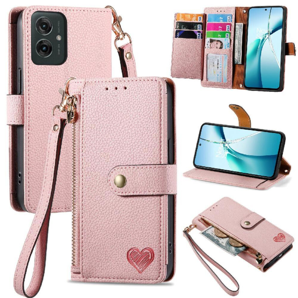 (Pink) Flip Case For Motorola Moto G55 Love Zipper Wallet Shockproof Leather Case Pink 764563432585