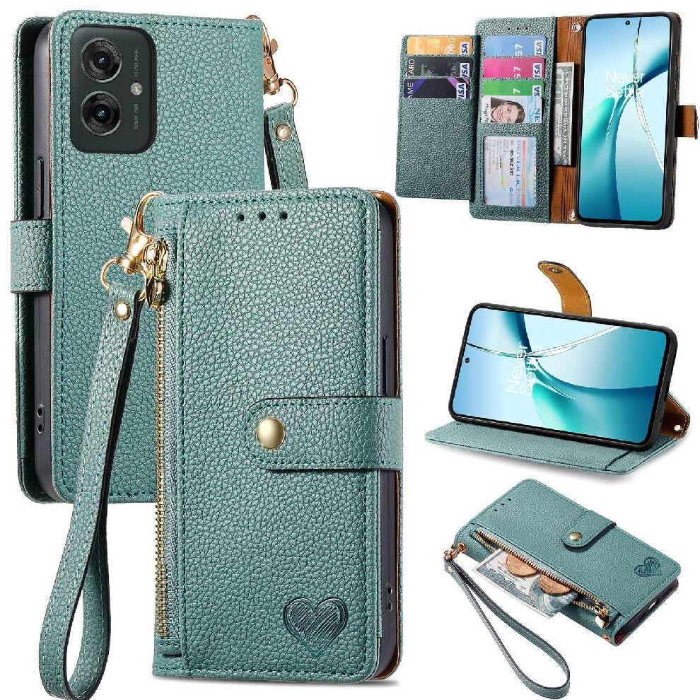 (Green) Flip Case For Motorola Moto G55 Love Zipper Wallet Shockproof Leather Case Green 764563432608