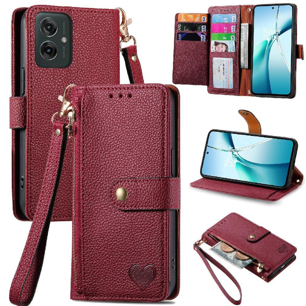(Red) Flip Case For Motorola Moto G55 Love Zipper Wallet Shockproof Leather Case Red 764563432592